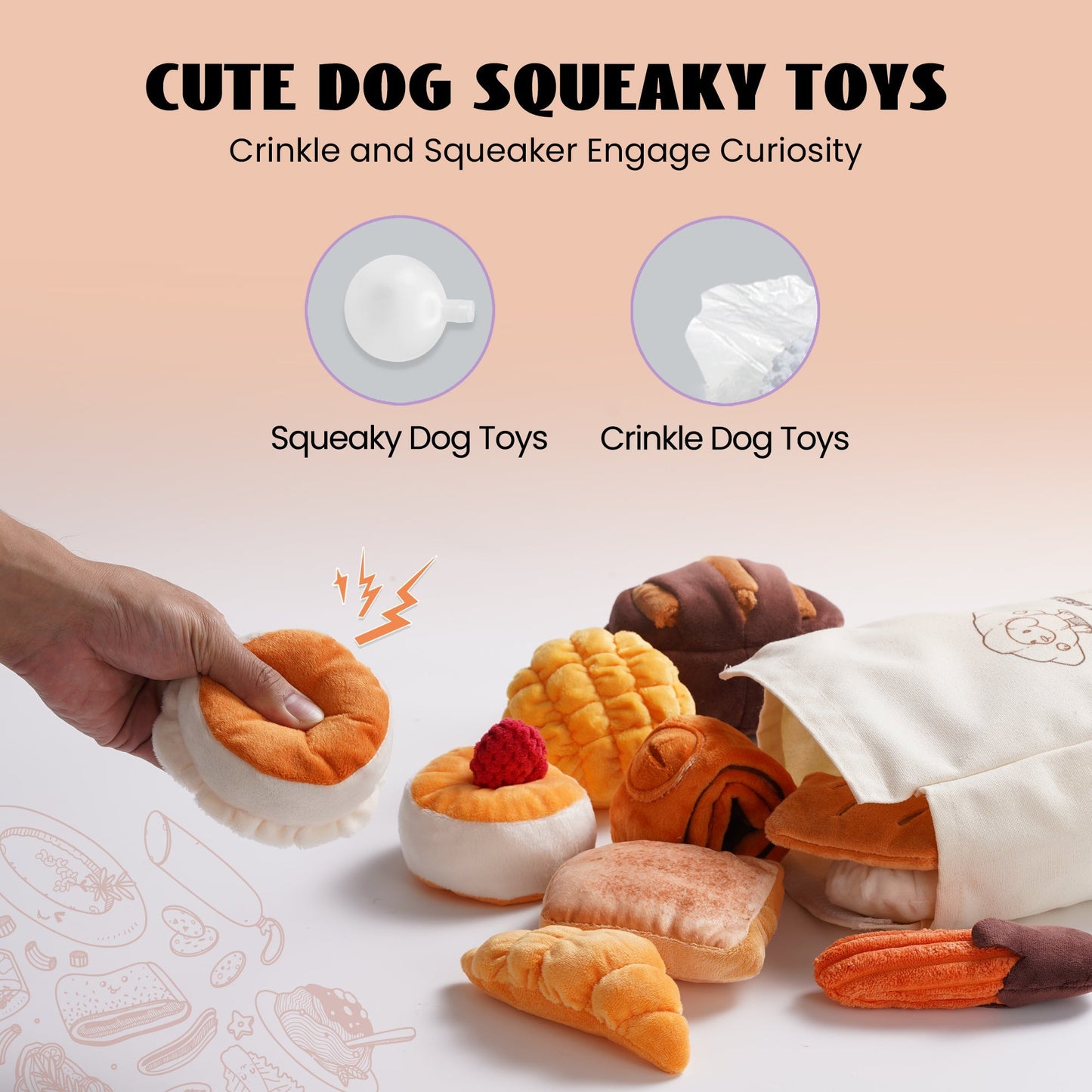 Nocciola 10 Pack Bread Dog Toys with a Bread Bag