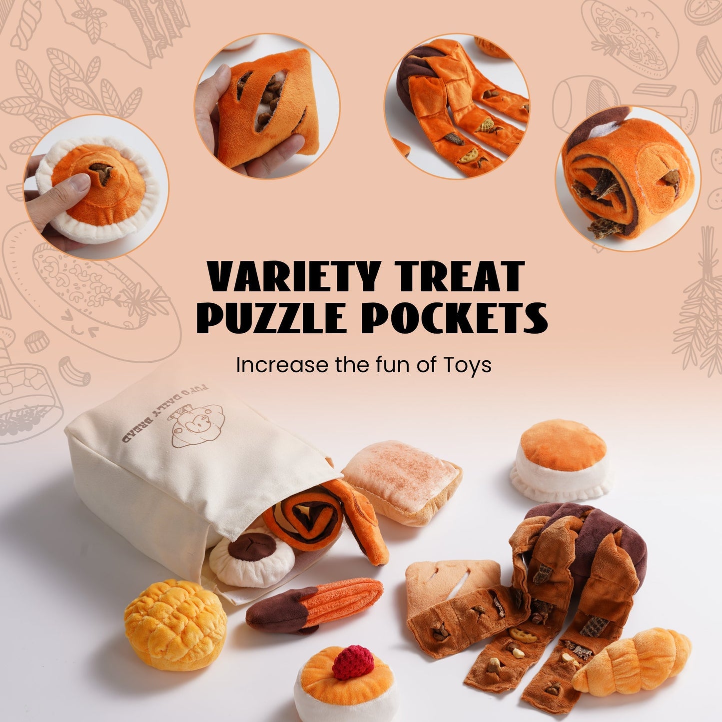 Nocciola 10 Pack Bread Dog Toys with a Bread Bag