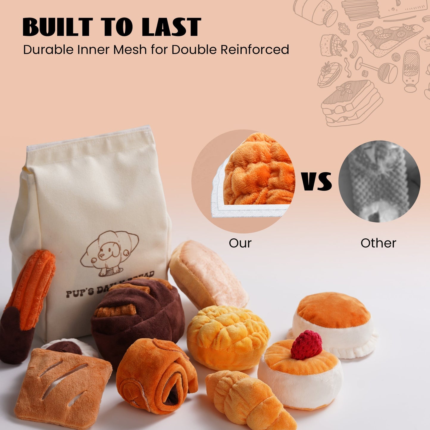 Nocciola 10 Pack Bread Dog Toys with a Bread Bag