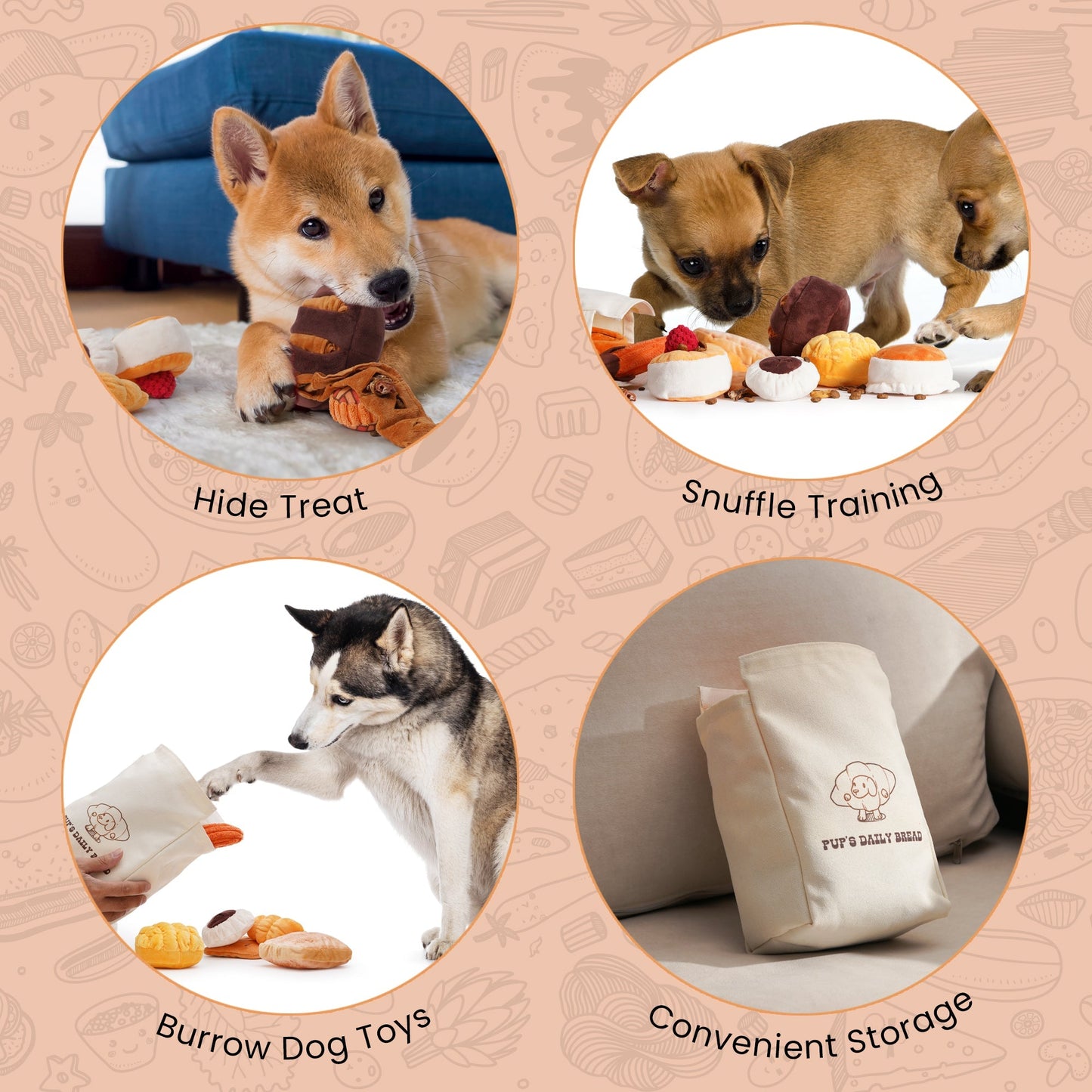 Nocciola 10 Pack Bread Dog Toys with a Bread Bag