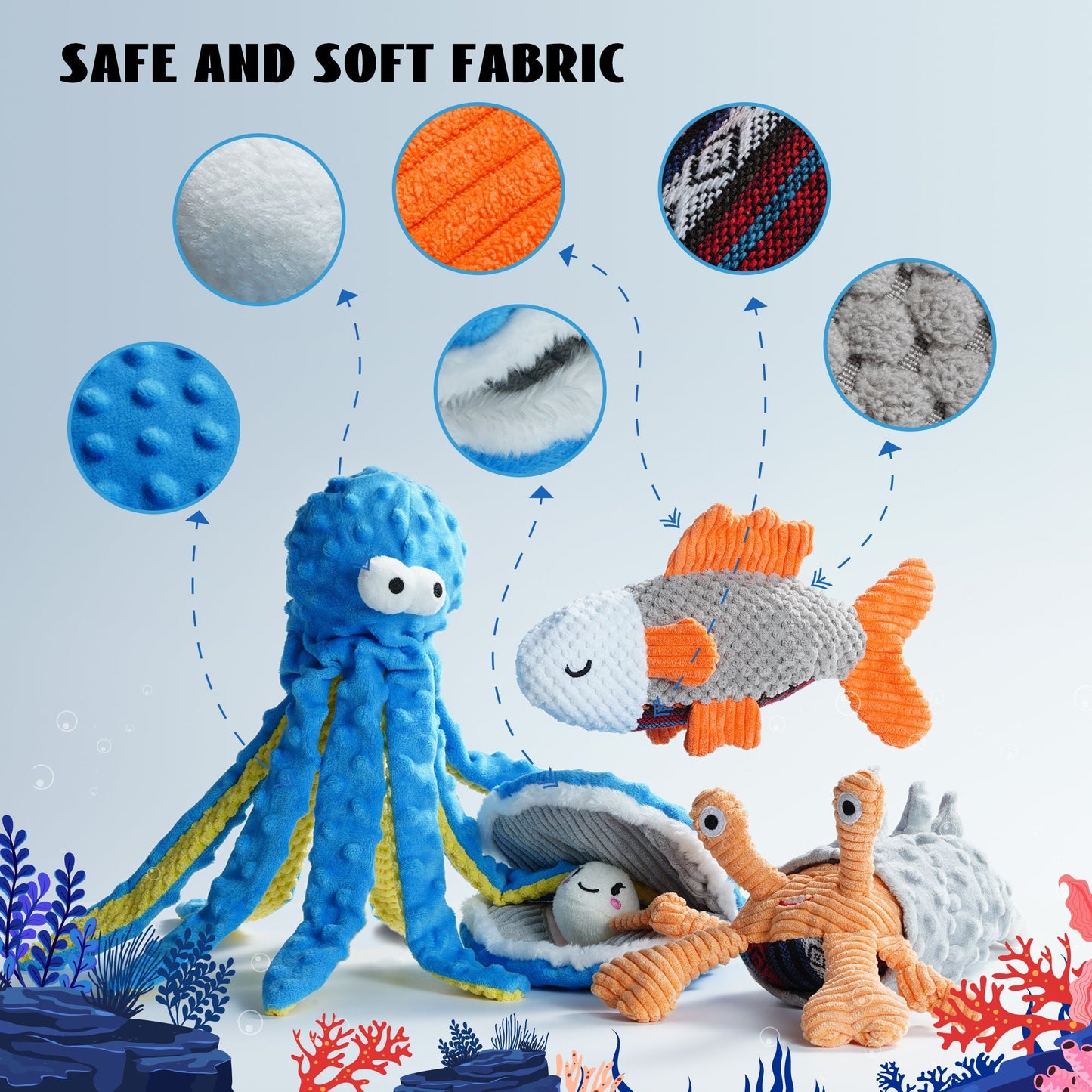 Nocciola 4 PCS Ocean Theme Crinkle Squeaky Dog Toys