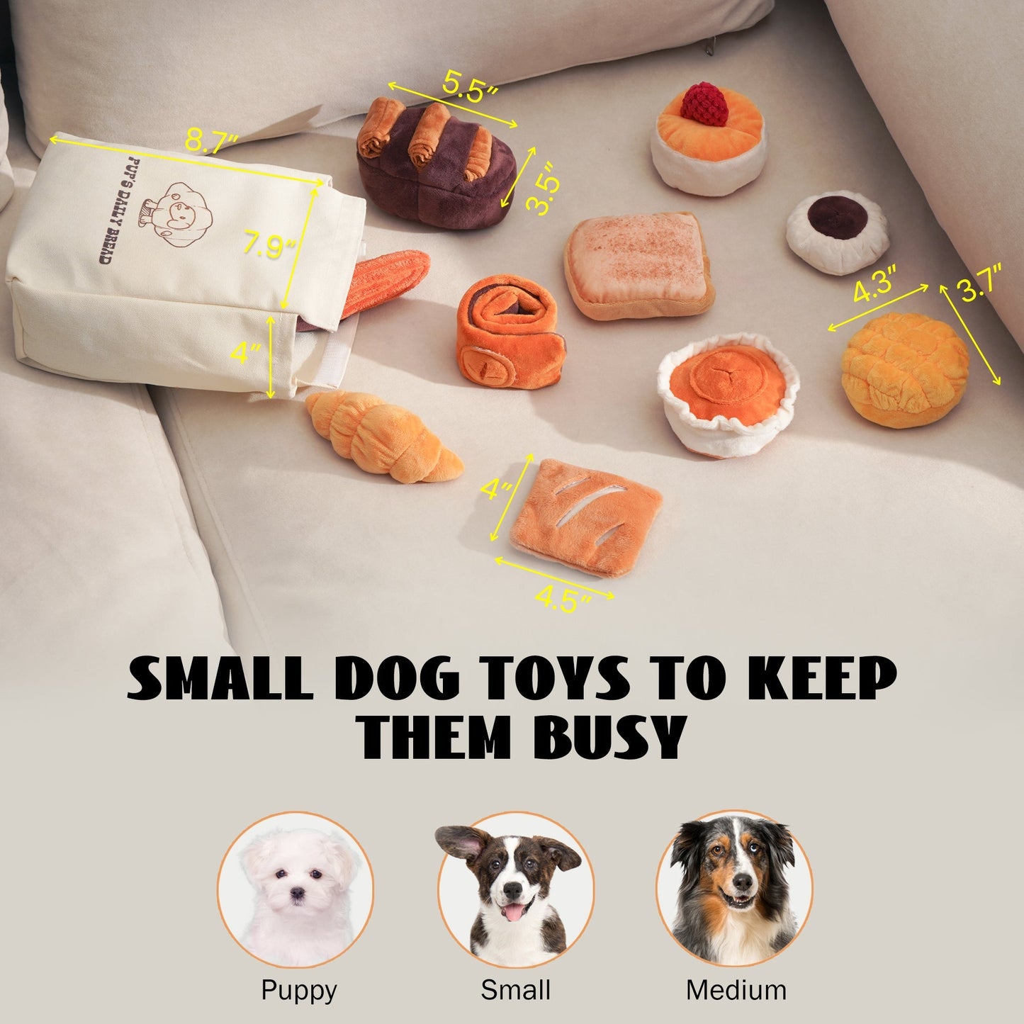 Nocciola 10 Pack Bread Dog Toys with a Bread Bag